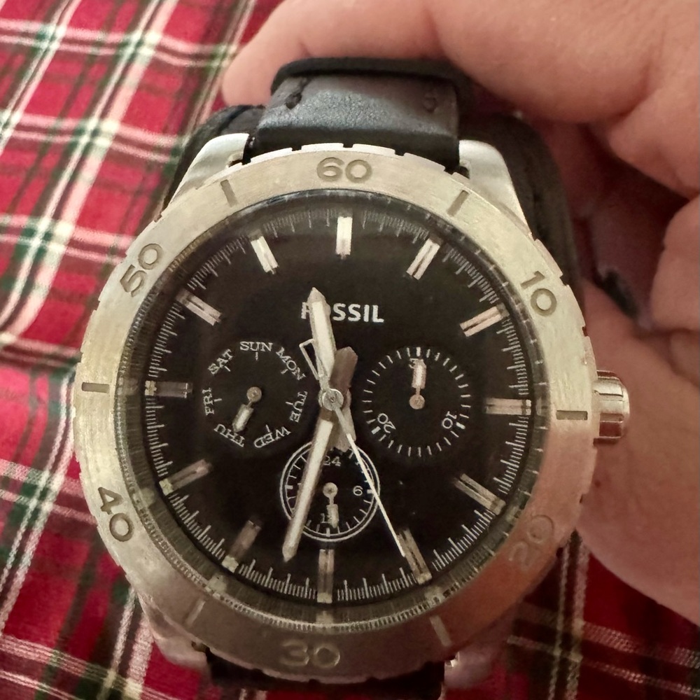 Fossil Men's Black Leather & Stainless Watch